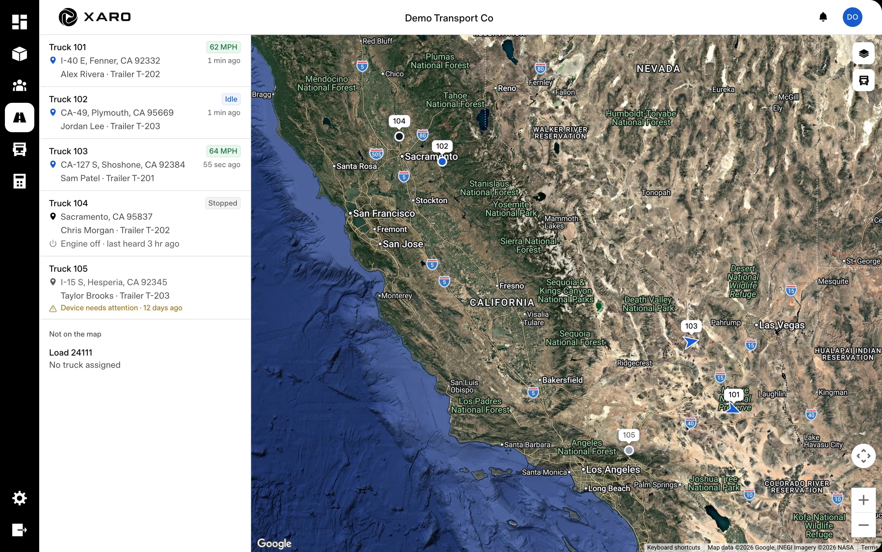 The Xaro Fleet Map: each truck on a live map beside the fleet list